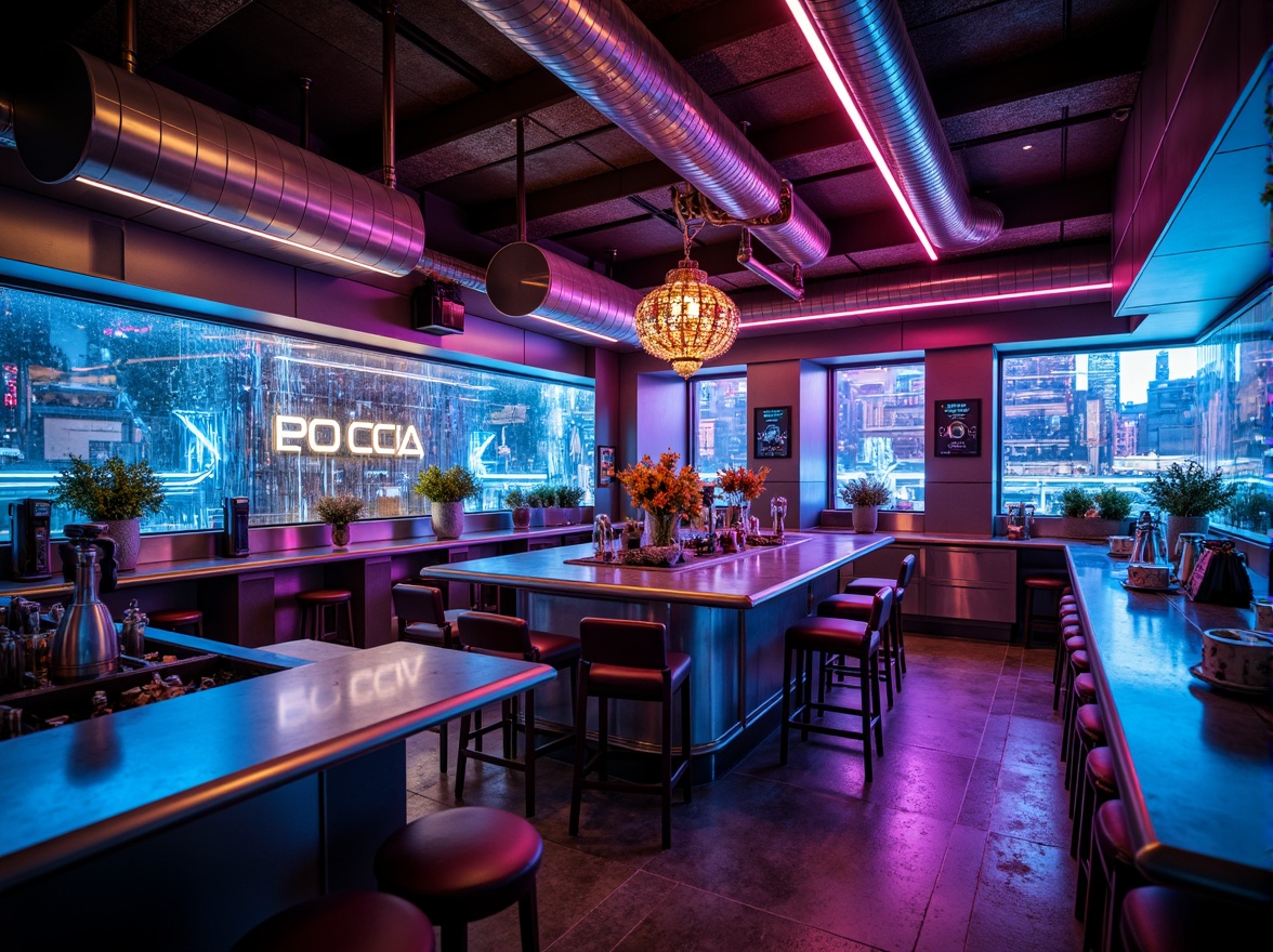 Prompt: Neon-lit bar interior, metallic surfaces, industrial pipes, exposed ductwork, futuristic lighting fixtures, holographic displays, sleek steel countertops, polished concrete floors, urban cityscape views, rainy night atmosphere, moody ambient lighting, shallow depth of field, 1/1 composition, cinematic camera angles, realistic reflections, advanced AI-powered bartender robots, cyberpunk-inspired decor, vibrant LED color schemes, intricate circuit board patterns.