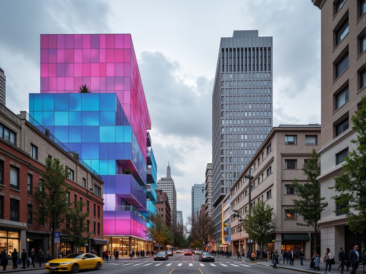 Prompt: Vibrant modernist architecture, bold geometric shapes, monochromatic color scheme, pastel hues, neon accents, metallic finishes, sleek glass surfaces, minimalist decor, industrial materials, urban cityscape, cloudy grey sky, dramatic shadows, high contrast lighting, 1/1 composition, symmetrical framing, abstract textures, atmospheric perspective.