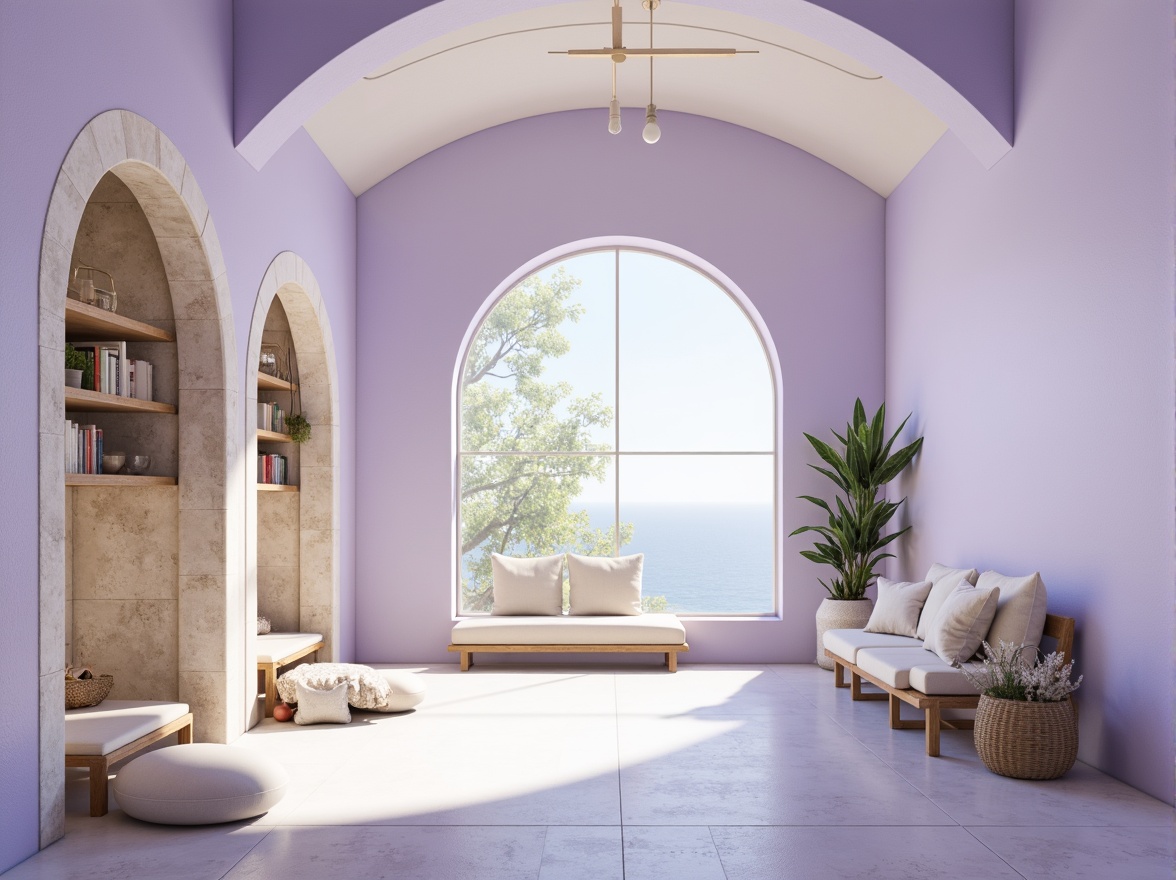 Prompt: Soft lavender blue hues, calming atmosphere, serene architectural design, gentle curves, rounded edges, soothing color scheme, pastel shades, creamy whites, warm beige accents, natural stone textures, wooden elements, minimalist decor, cozy reading nooks, floor-to-ceiling windows, abundant natural light, softbox lighting, shallow depth of field, 1/1 composition, intimate scale, peaceful ambiance, subtle gradient effects.