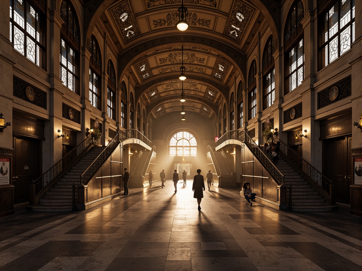 Prompt: Grandiose metro station, vaulted ceilings, ribbed arches, ornate carvings, stained glass windows, intricate mosaics, dark stone walls, polished marble floors, metallic accents, industrial lighting fixtures, dramatic shadows, warm golden illumination, atmospheric fog effects, cinematic composition, symmetrical framing, rich textures, detailed normal maps.