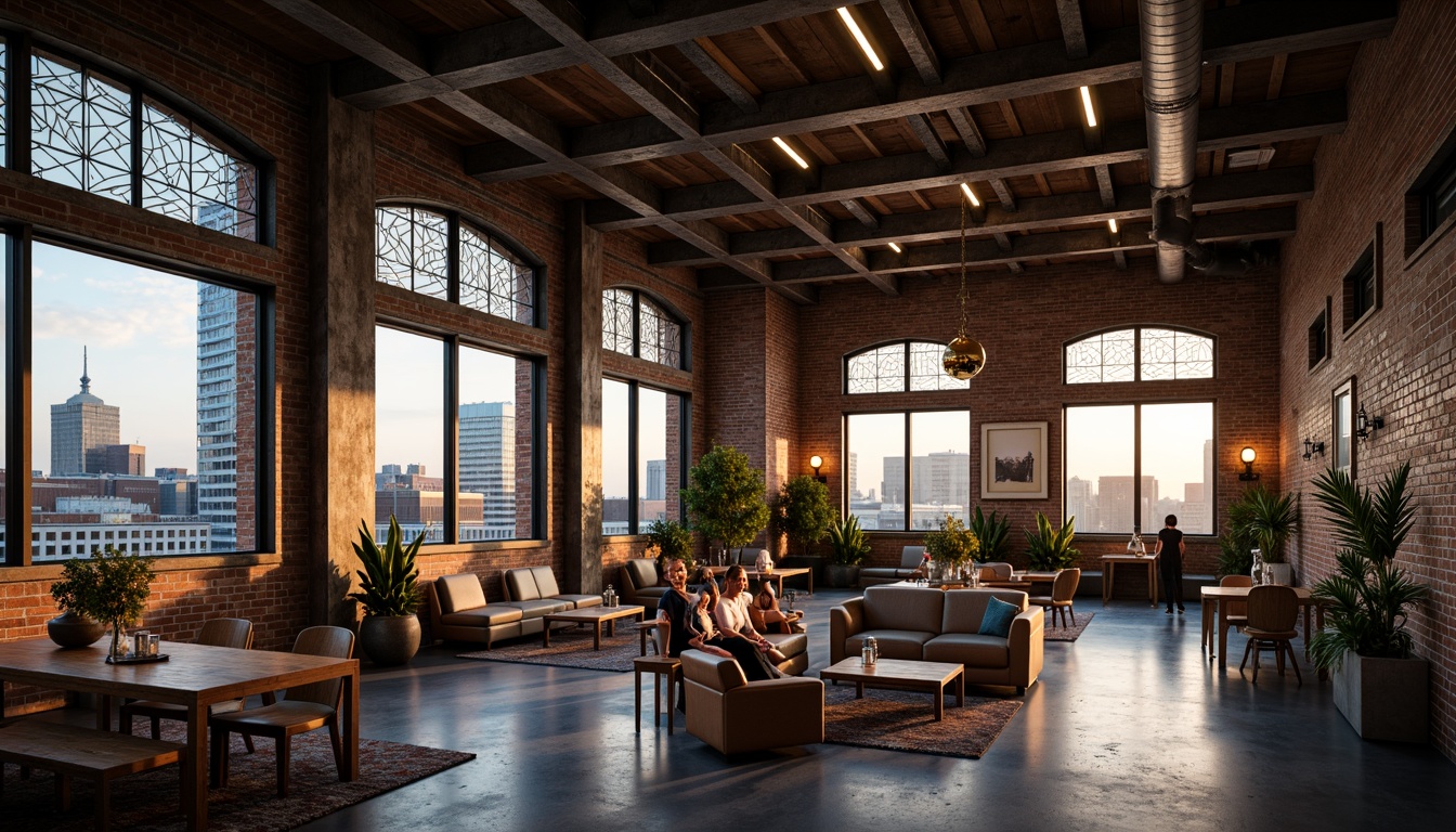 Prompt: Exposed brick walls, industrial metal beams, reclaimed wood accents, vintage factory windows, ornate Art Deco patterns, geometric metallic details, distressed concrete floors, urban cityscape views, moody atmospheric lighting, warm golden hour tones, shallow depth of field, 1/2 composition, cinematic framing, realistic textures, ambient occlusion, community gathering spaces, eclectic furniture arrangements, vibrant street art murals, edgy graffiti accents.