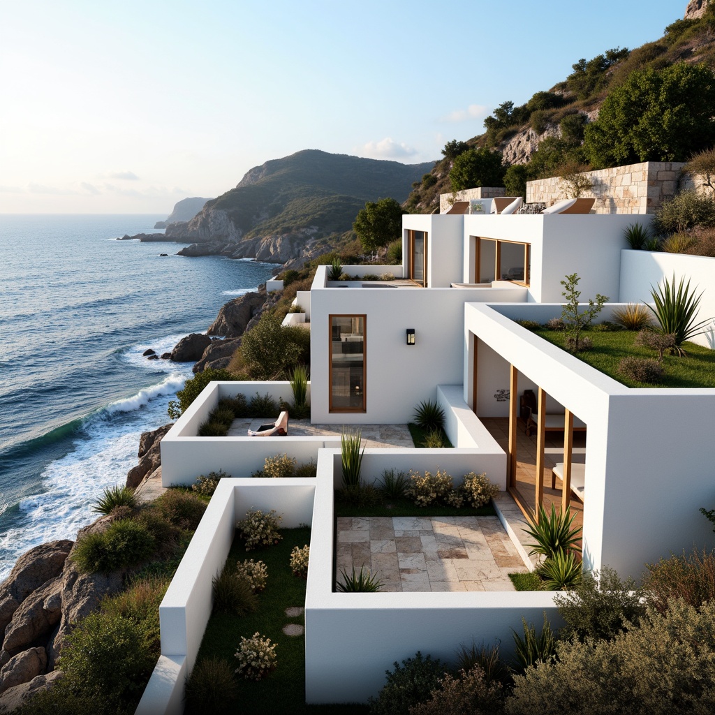 Prompt: Curved coastal lines, rugged cliffside, ocean waves crashing, salty sea air, modern geometric buildings, angular white walls, cantilevered roofs, large glass windows, sliding doors, minimalist interior design, natural stone flooring, reclaimed wood accents, nautical-themed decor, marine-inspired color palette, soft warm lighting, shallow depth of field, 1/1 composition, symmetrical framing, realistic textures, ambient occlusion.