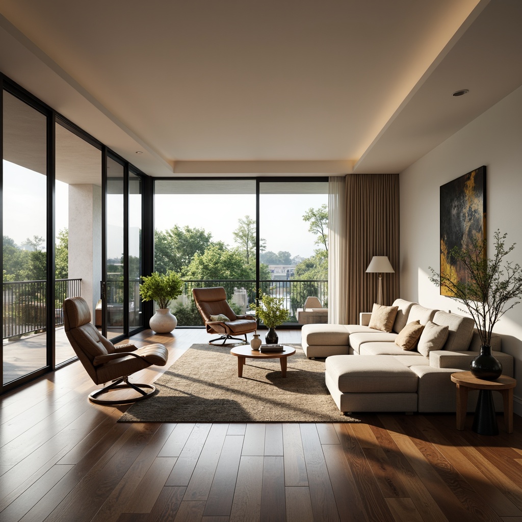 Prompt: Modern living room, sleek furniture, minimalist decor, functional layout, ample natural light, floor-to-ceiling windows, sliding glass doors, polished hardwood floors, comfortable seating areas, stylish coffee tables, decorative vases, greenery accents, soft warm lighting, 1/1 composition, shallow depth of field, realistic textures, ambient occlusion.