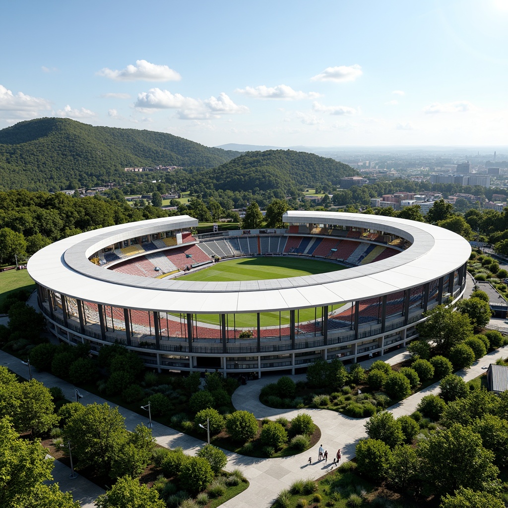 Prompt: Panoramic stadium views, lush greenery, rolling hills, natural stone seating areas, curved architecture, modern sports facilities, sleek metal structures, transparent roofs, cantilevered upper decks, vibrant colorful seats, dynamic lighting systems, shallow depth of field, 3/4 composition, realistic textures, ambient occlusion, integrated landscape design, eco-friendly materials, sustainable water management systems, rainwater harvesting, green roofs, urban planning, public art installations, pedestrian walkways, cycling paths, scenic overlooks, sunny day, soft warm lighting.