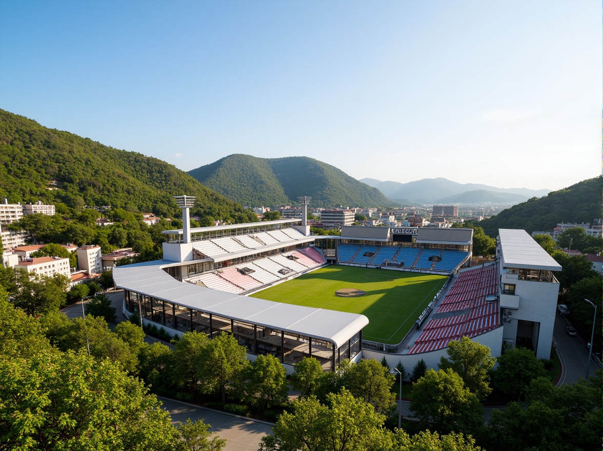 Prompt: Panoramic stadium views, lush greenery, rolling hills, natural stone seating areas, curved architecture, modern sports facilities, sleek metal structures, transparent roofs, cantilevered upper decks, vibrant colorful seats, dynamic lighting systems, shallow depth of field, 3/4 composition, realistic textures, ambient occlusion, integrated landscape design, eco-friendly materials, sustainable water management systems, rainwater harvesting, green roofs, urban planning, public art installations, pedestrian walkways, cycling paths, scenic overlooks, sunny day, soft warm lighting.