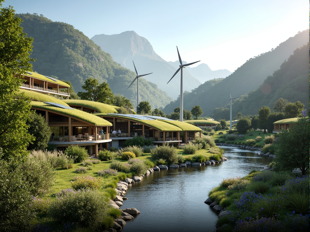 Prompt: Eco-friendly buildings, green roofs, solar panels, wind turbines, water conservation systems, sustainable materials, organic curves, natural stone walls, lush vegetation, serene lakeside, misty mountains, vibrant wildflowers, warm sunny day, soft diffused lighting, shallow depth of field, 3/4 composition, panoramic view, realistic textures, ambient occlusion.