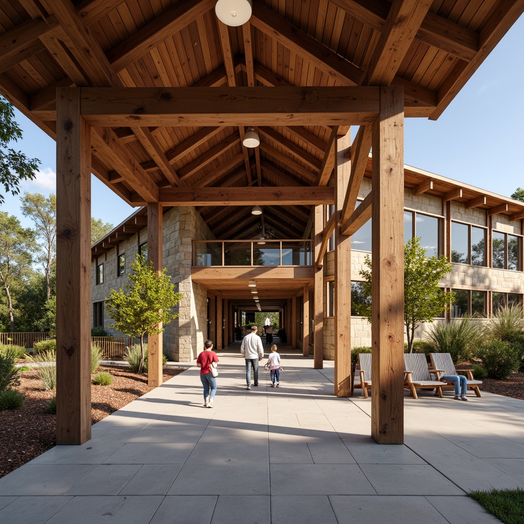 Prompt: Rustic visitor center, wooden accents, natural stone walls, earthy tones, cantilevered roofs, large overhangs, exposed beams, steel frames, reinforced foundations, seismic design, wind-resistant structures, impact-resistant materials, safety railings, accessible ramps, wide entrances, open floor plans, minimal columns, abundant natural light, soft warm lighting, shallow depth of field, 3/4 composition, panoramic view, realistic textures, ambient occlusion.