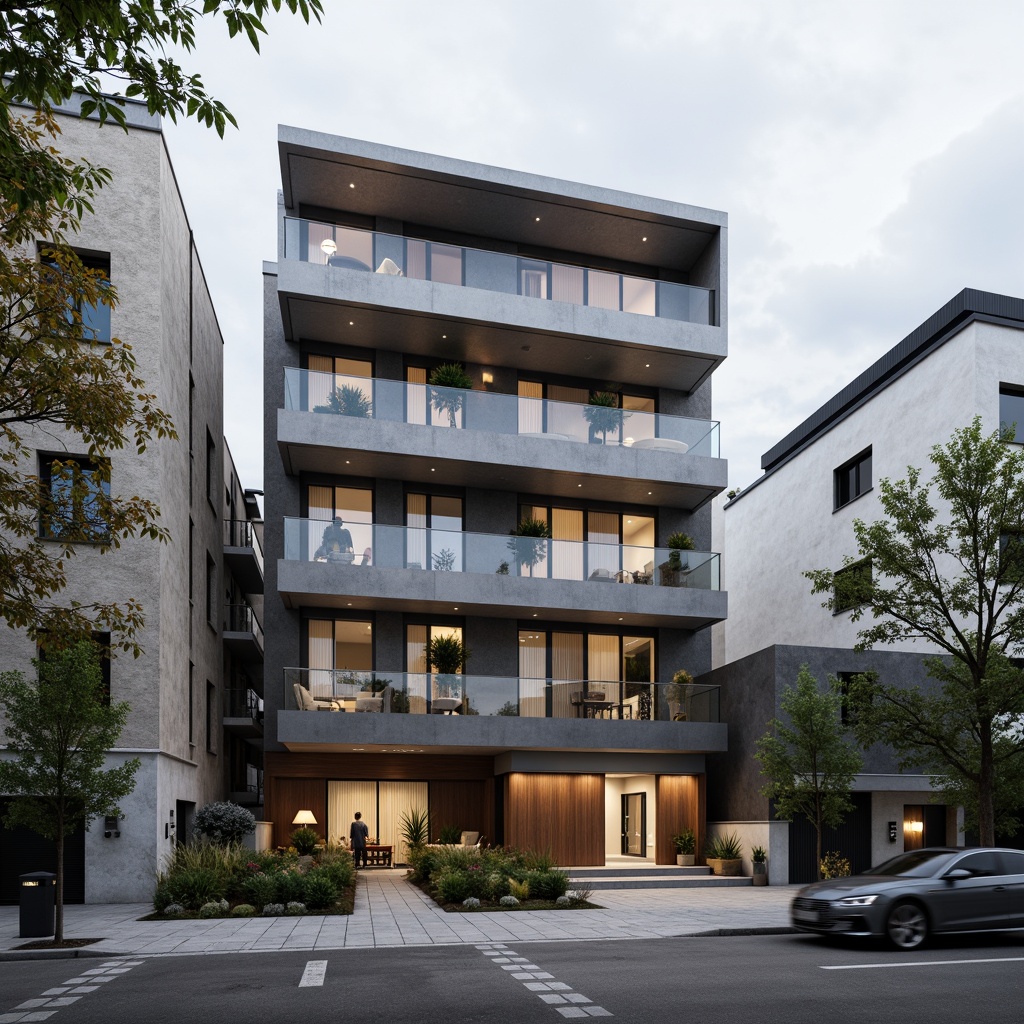 Prompt: Modern building facade, sleek metal cladding, reflective glass surfaces, rough concrete walls, natural stone textures, wooden accents, industrial chic aesthetic, urban cityscape, cloudy grey sky, soft diffused lighting, shallow depth of field, 3/4 composition, realistic renderings, ambient occlusion.