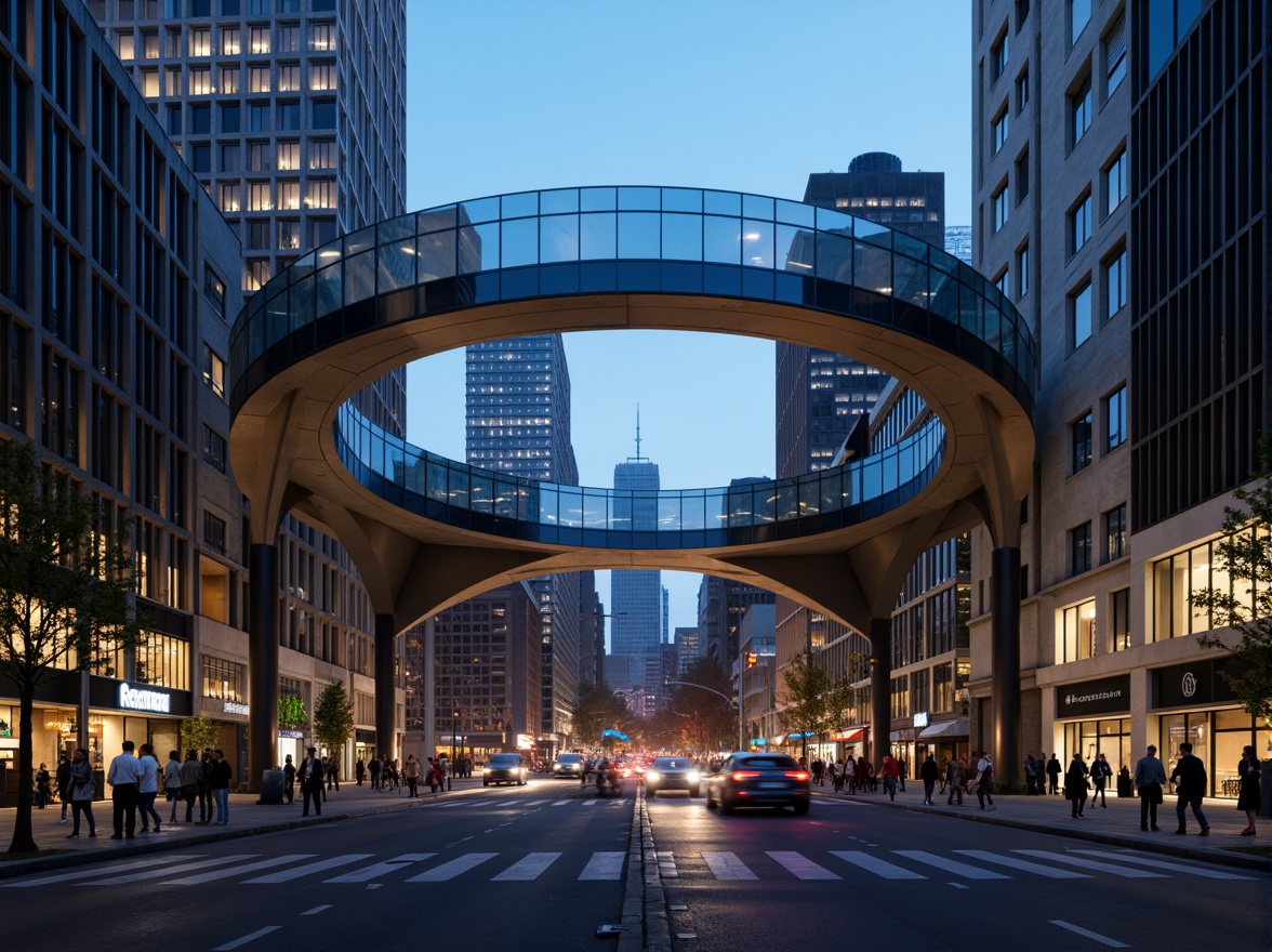 Prompt: Curved bridge silhouette, dynamic sculptural forms, metallic materials, reflective surfaces, urban cityscape, busy traffic flow, pedestrian walkways, cyclist paths, modern architectural style, abstract geometric patterns, LED lighting systems, nighttime illumination, misty atmospheric effects, shallow depth of field, 1/1 composition, symmetrical framing, realistic textures, ambient occlusion.