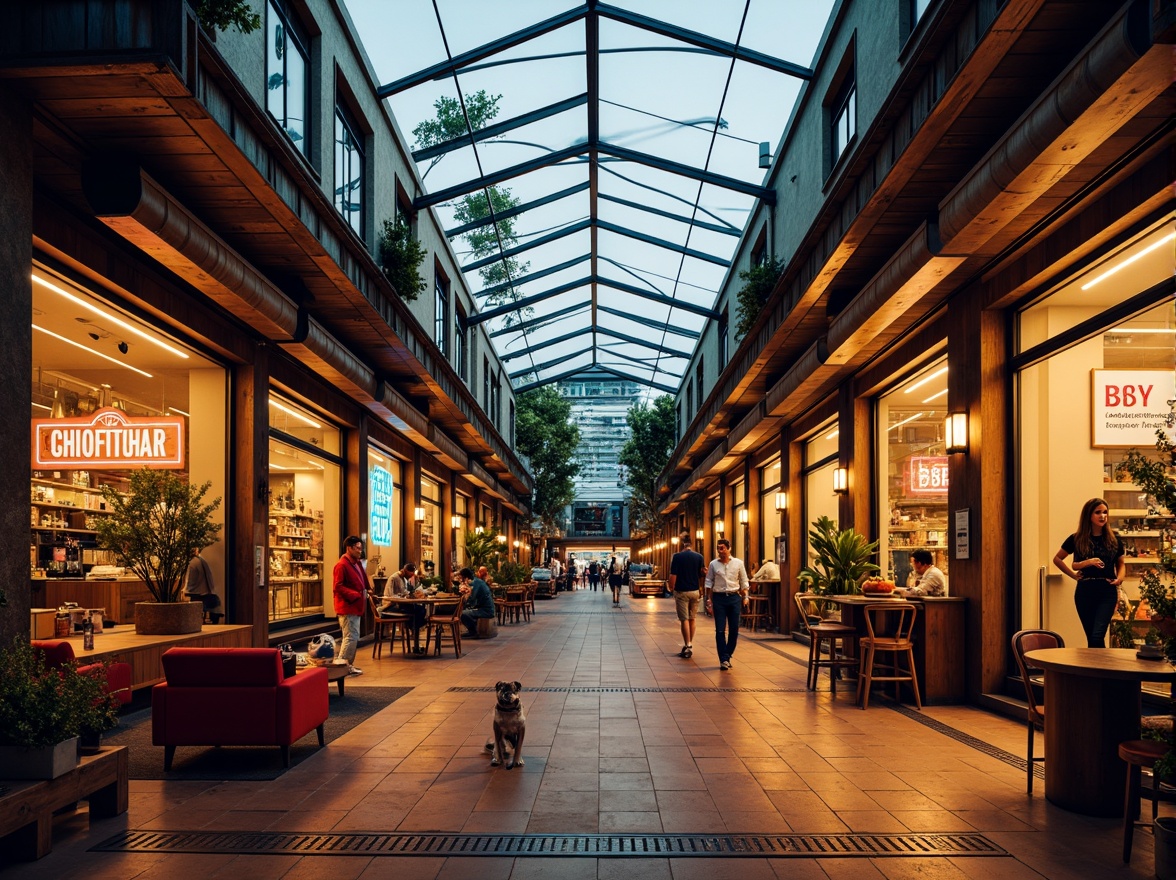 Prompt: Monochromatic modern market, sleek glass roofs, polished metal accents, industrial chic atmosphere, exposed ductwork, reclaimed wood textures, urban cityscape backdrop, vibrant neon signage, eclectic mix of vintage and contemporary furniture, rich terracotta flooring, warm golden lighting, shallow depth of field, 1/1 composition, realistic reflections, ambient occlusion.