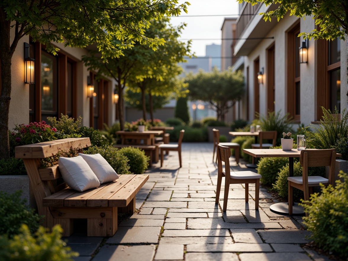 Prompt: Cozy coffee shop patio, rustic wooden benches, plush cushions, natural stone flooring, lush greenery, vibrant flowers, modern metal tables, minimalist chairs, warm string lighting, soft ambient glow, shallow depth of field, 3/4 composition, panoramic view, realistic textures, ambient occlusion.