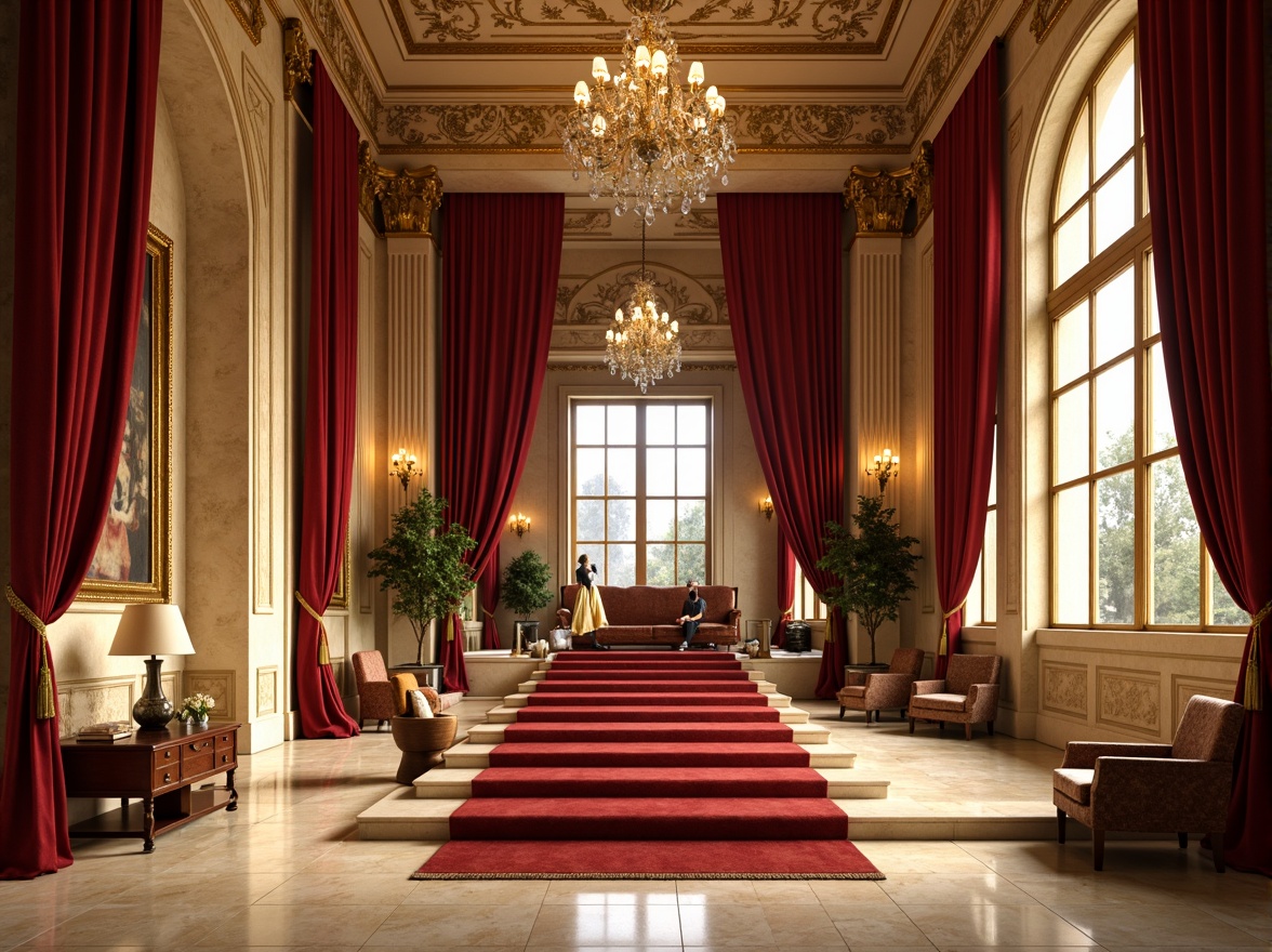 Prompt: Rich velvet curtains, ornate golden details, grand chandeliers, red carpeted stairs, intricate moldings, Baroque-inspired architecture, warm beige stone walls, soft cream-colored marble floors, lavish furnishings, dramatic spotlights, warm golden lighting, shallow depth of field, 1/2 composition, realistic textures, ambient occlusion, Renaissance-era inspired color palette, rich jewel tones, deep crimson reds, emerald greens, sapphire blues, luxurious fabrics, ornate patterns, gilded accents.