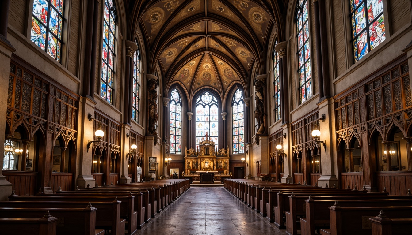 Prompt: Intricate stone carvings, ornate wooden pews, stained glass windows, grandiose vaulted ceilings, ribbed arches, Gothic-inspired columns, lavish frescoes, ornamental metalwork, intricate mosaics, subtle warm lighting, soft focus, shallow depth of field, 1/2 composition, symmetrical framing, richly patterned textiles, luxurious velvet drapes, polished marble floors, ornate golden accents, mystical ambiance, serene atmosphere.