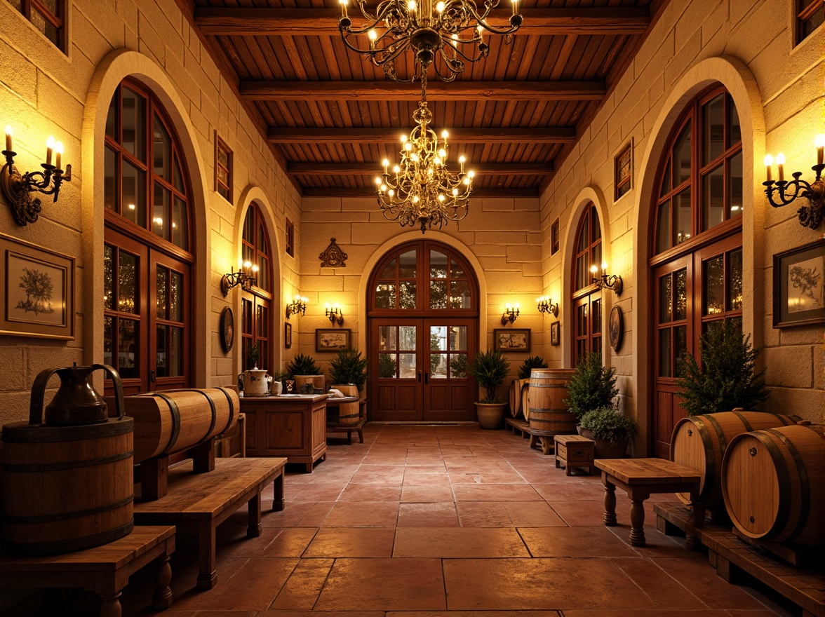 Prompt: Richly ornate winery, Baroque-inspired architecture, warm golden stone fa\u00e7ade, intricately carved wooden doors, lavish furnishings, opulent chandeliers, rustic wine barrels, vintage wine-making equipment, earthy terracotta floors, distressed wood accents, soft warm lighting, dramatic shadows, 1/2 composition, atmospheric perspective, realistic textures, ambient occlusion, warm beige (#F5F5DC), rich burgundy (#8B0A1A), deep crimson (#660000), muted gold (#F8E231), weathered wood tone (#969696).