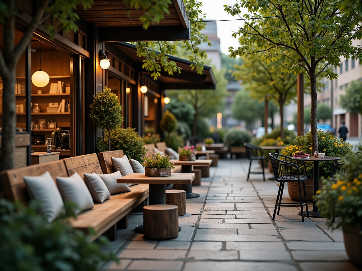 Prompt: Cozy coffee shop patio, rustic wooden benches, plush cushions, natural stone flooring, lush greenery, vibrant flowers, modern metal tables, minimalist chairs, warm string lighting, soft ambient glow, shallow depth of field, 3/4 composition, panoramic view, realistic textures, ambient occlusion.