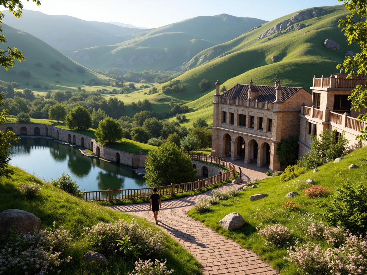 Prompt: Rolling hills, lush green meadows, serene lakeside, ancient stone bridges, rustic wooden fences, weathered brick pathways, Romanesque style buildings, ornate archways, grandiose entrance gates, intricate stone carvings, vibrant blooming flowers, sunny afternoon, soft warm lighting, shallow depth of field, 3/4 composition, panoramic view, realistic textures, ambient occlusion.