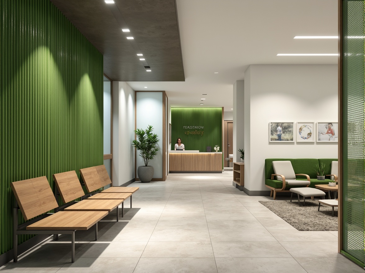 Prompt: Minimalist waiting area, sleek wooden benches, calming green walls, modern dental chairs, stainless steel equipment, LED lighting, glass partitions, open reception desk, comfortable patient lounges, natural stone flooring, subtle branding elements, soothing color scheme, airy atmosphere, shallow depth of field, 1/1 composition, realistic textures, ambient occlusion.