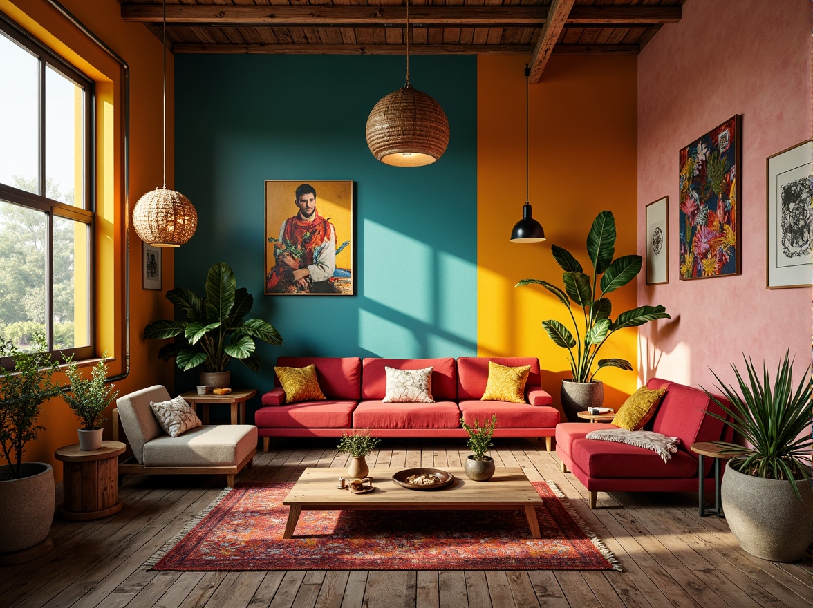 Prompt: Vibrant artistic studio, eclectic furniture, bold color blocking, contrasting textures, abstract artwork, statement lighting fixtures, industrial metal accents, reclaimed wood floors, bohemian-inspired rugs, natural fiber textiles, earthy tone ceramics, warm golden lighting, shallow depth of field, 1/1 composition, realistic renderings, ambient occlusion.