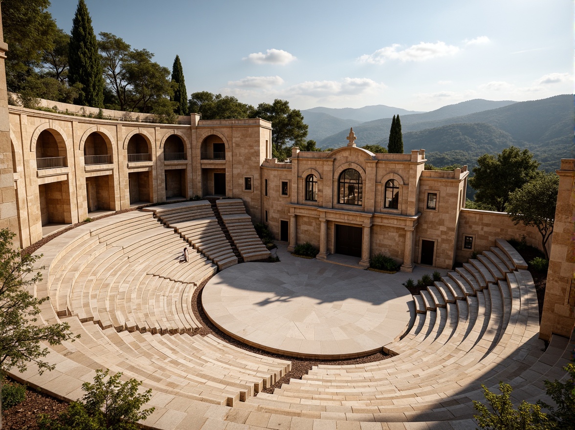 Prompt: Grand amphitheater, tiered seating, ancient Greek inspiration, natural stone walls, curved architecture, open-air design, warm sunny day, soft diffused lighting, high ceilings, clerestory windows, skylights, ambient illumination, subtle shadows, rustic textures, earthy tones, lush greenery, surrounding hills, panoramic views, 1/1 composition, realistic rendering, atmospheric perspective.