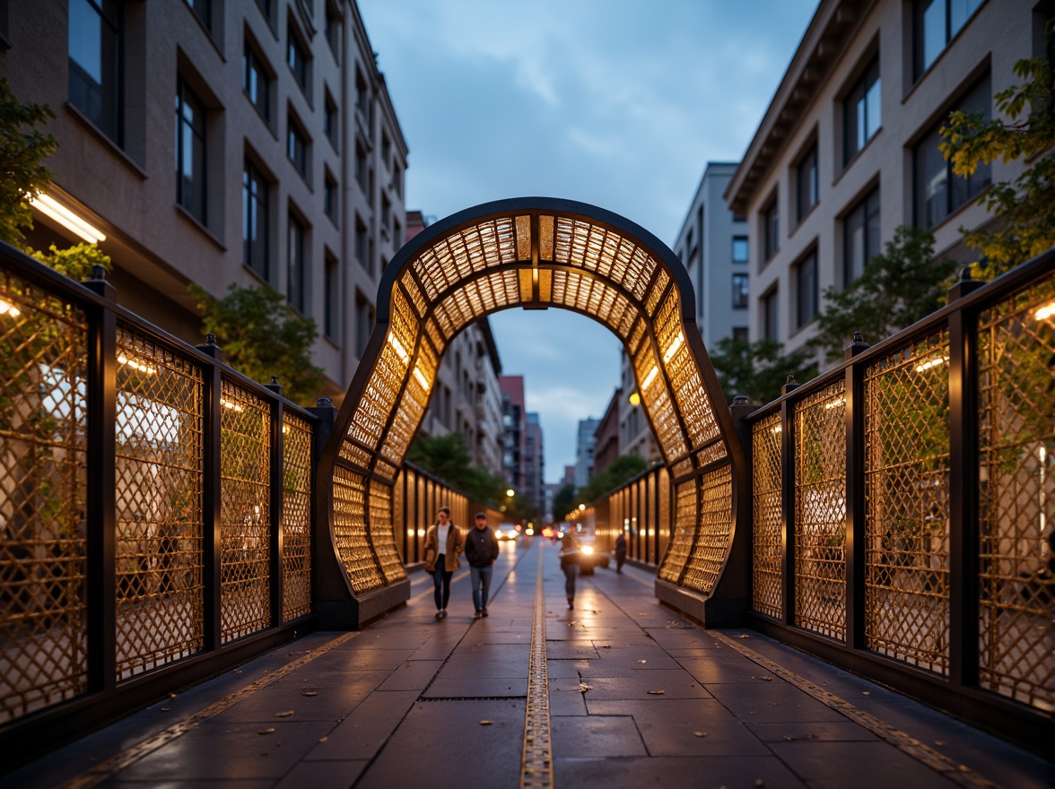 Prompt: Elegant pedestrian bridge, ornate metal railings, intricate geometric patterns, luxurious golden accents, sleek Art Deco lines, curved arches, suspended walkways, urban cityscape, bustling streets, vibrant streetlights, warm evening ambiance, soft misty atmosphere, shallow depth of field, 1/2 composition, symmetrical framing, realistic metallic textures, ambient occlusion.