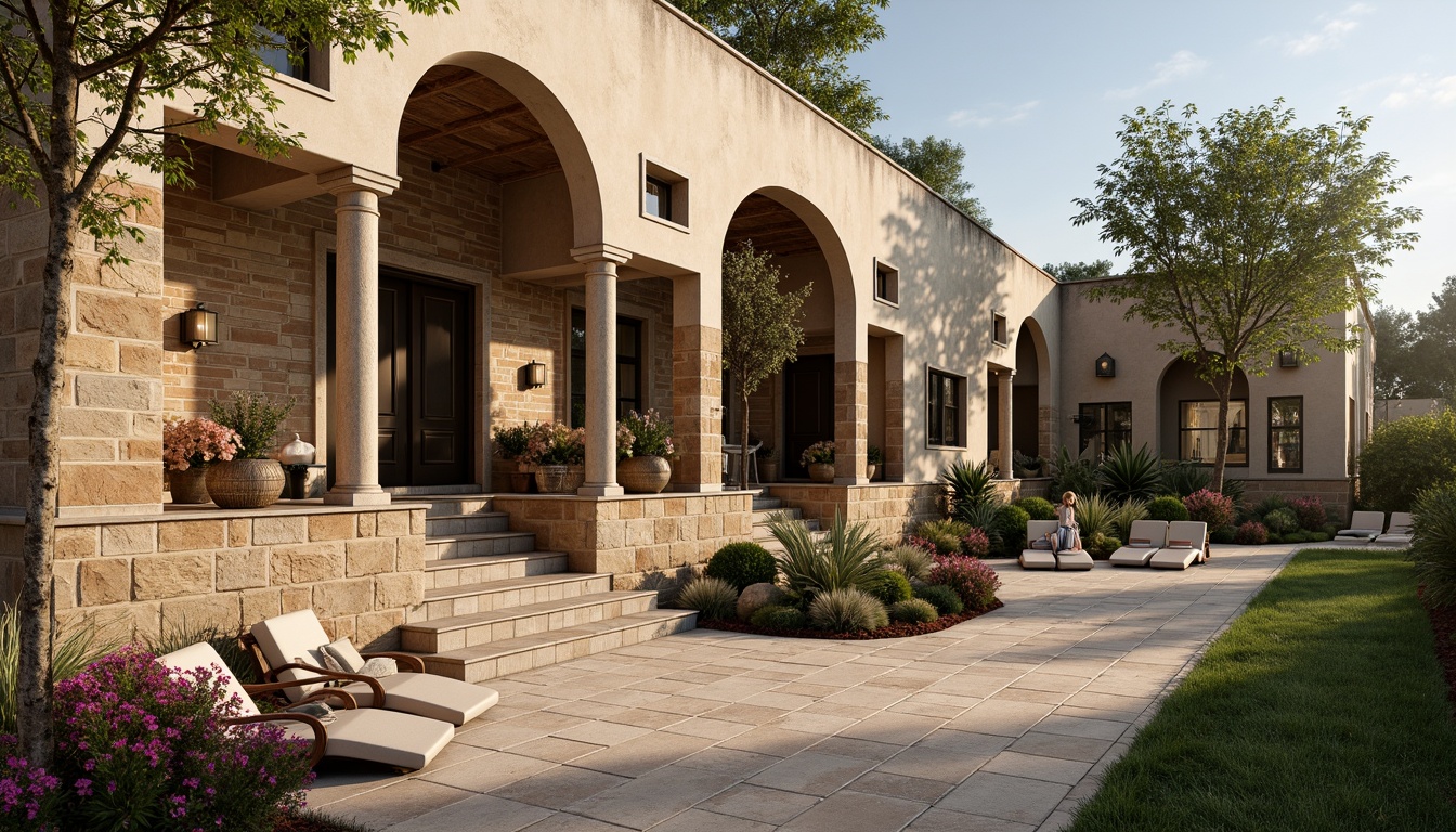 Prompt: Rustic exterior facade, weathered stone walls, earthy tone masonry, textured brick patterns, natural stone cladding, rough-hewn granite blocks, warm beige stucco, decorative arches, ornate columns, Mediterranean-inspired architecture, lush greenery, blooming flowers, sunny day, soft warm lighting, shallow depth of field, 3/4 composition, panoramic view, realistic textures, ambient occlusion.