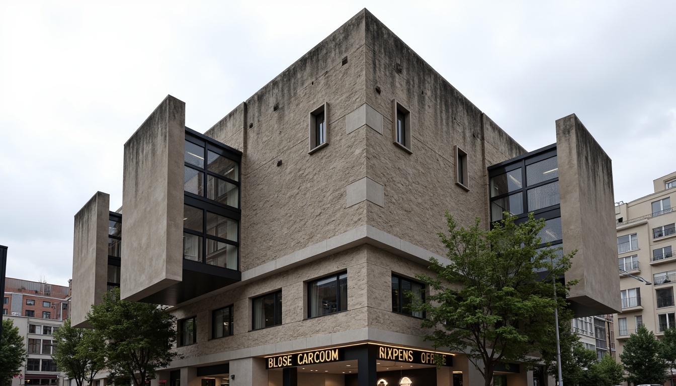 Prompt: Rugged brutalist building, rough-hewn concrete walls, weathered stone fa\u00e7ade, geometric patterns, fortress-like structure, dramatic cantilevered sections, industrial metal accents, raw unfinished surfaces, bold monumental scale, urban cityscape background, overcast sky, diffused natural light, high-contrast shadows, 1/2 composition, low-angle shot, gritty realistic textures, ambient occlusion.