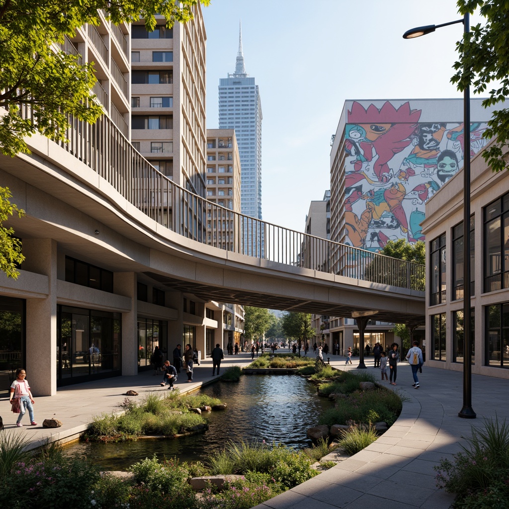 Prompt: Curved pedestrian bridge, sleek metal railings, modernist architecture, urban cityscape, vibrant street art, bustling streets, morning sunlight, soft warm lighting, shallow depth of field, 3/4 composition, panoramic view, realistic textures, ambient occlusion, integrated landscaping, lush greenery, blooming flowers, natural stone walkways, water features, reflecting pools, modern street furniture, innovative urban design, sustainable materials, eco-friendly infrastructure.