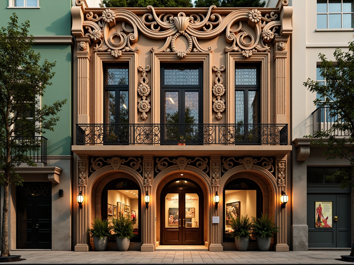 Prompt: Intricate ornate facades, flowing organic lines, sinuous curves, botanical motifs, stained glass windows, wrought iron balconies, grand entranceways, ornamental turrets, asymmetrical compositions, vibrant earthy tones, warm golden lighting, soft focus, shallow depth of field, 1/2 composition, detailed textures, ambient occlusion, luxurious materials, marble columns, carved wooden doors, elegant typography, vintage posters, antique street lamps.