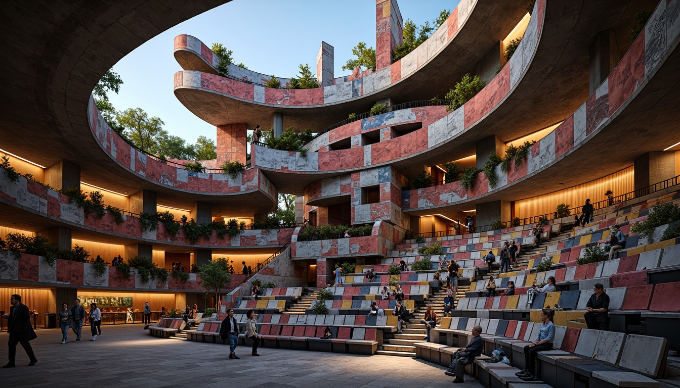 Prompt: Amphitheater seating arrangement, postmodernist architecture, fragmented forms, irregular shapes, bold color schemes, eclectic mix of materials, distressed concrete, reclaimed wood, industrial metal accents, vibrant graffiti, abstract sculptures, dynamic lighting installations, tiered seating, curved rows, asymmetrical layout, dramatic shadows, warm ambient glow, shallow depth of field, 1/2 composition, cinematic view, realistic textures, subtle atmospheric effects.