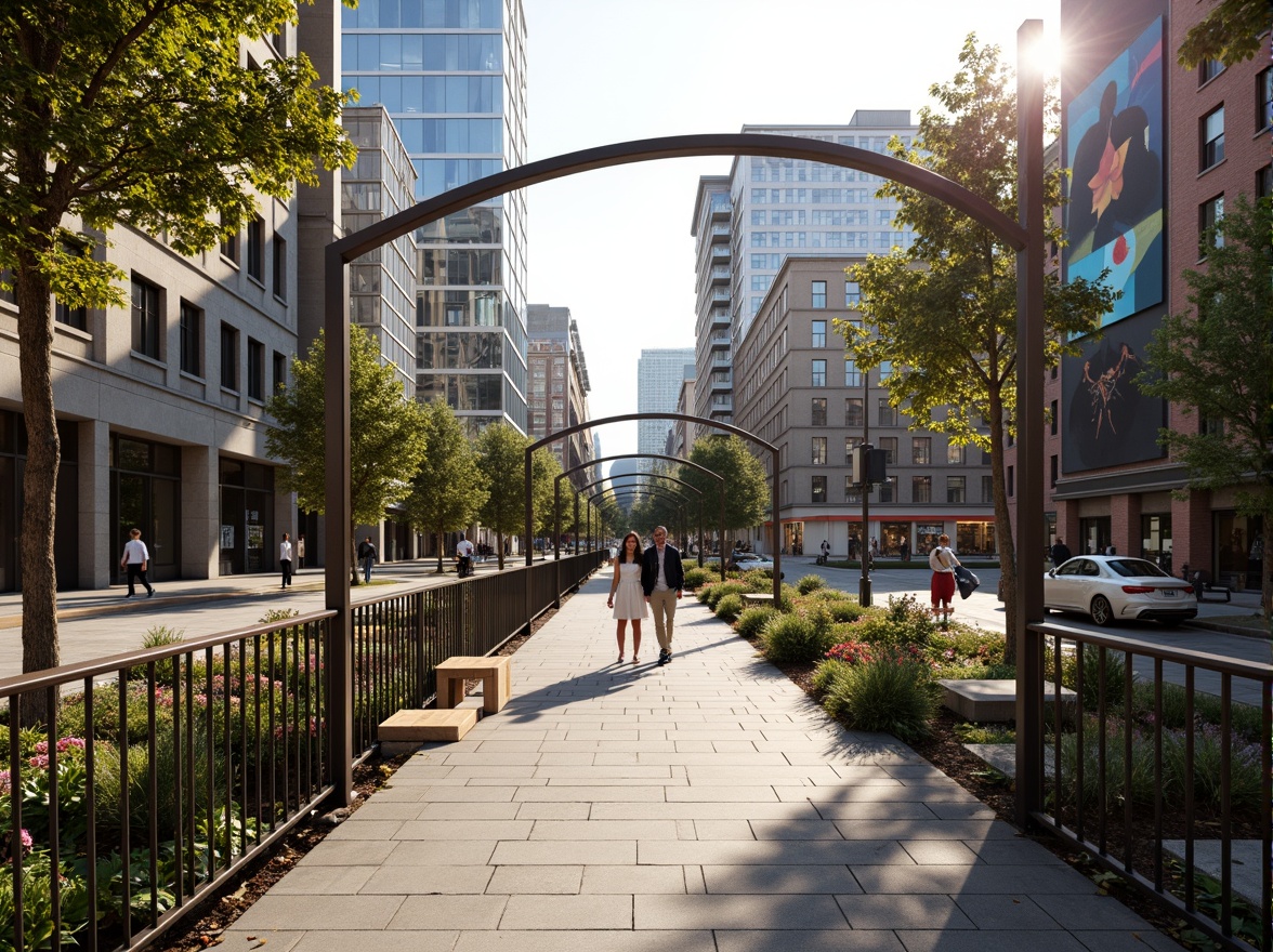 Prompt: Curved pedestrian bridge, sleek metal railings, modernist architecture, urban cityscape, vibrant street art, bustling streets, morning sunlight, soft warm lighting, shallow depth of field, 3/4 composition, panoramic view, realistic textures, ambient occlusion, integrated landscaping, lush greenery, blooming flowers, natural stone walkways, water features, reflecting pools, modern street furniture, innovative urban design, sustainable materials, eco-friendly infrastructure.