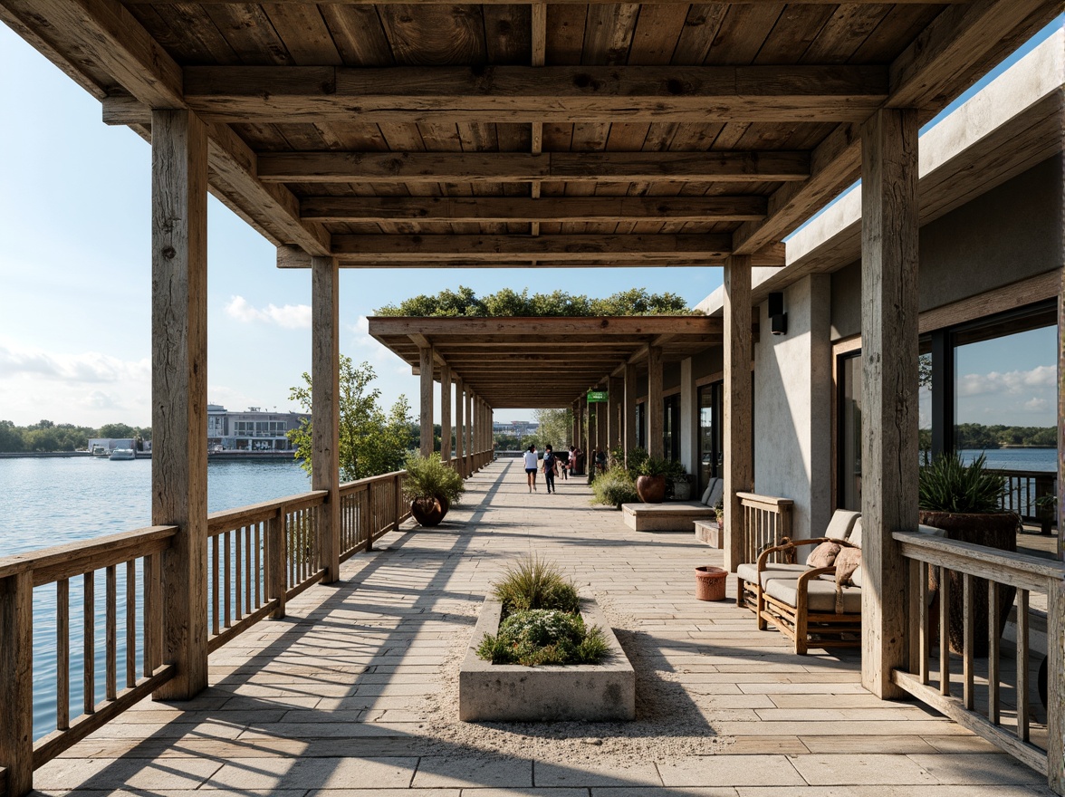 Prompt: Weathered wooden docks, rusty metal railings, driftwood accents, ocean-battered concrete walls, salt-resistant glass windows, coral-inspired stonework, seaweed-covered roofs, beachy sandy floors, nautical-themed decorative elements, distressed finishes, weathered steel beams, ocean-blue color palette, natural textures, earthy tones, 1/2 composition, warm soft lighting, shallow depth of field, realistic reflections.