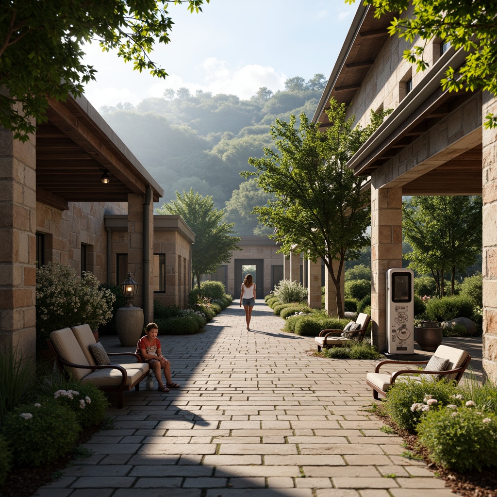 Prompt: Rustic charging station, Romanesque arches, stone walls, green roofs, lush vines, blooming flowers, natural stone pavement, ornate metal lanterns, warm soft lighting, misty morning atmosphere, shallow depth of field, 1/1 composition, symmetrical framing, realistic textures, ambient occlusion, rolling hills, serene countryside, meandering paths, ancient trees, weathered wooden benches, decorative ironwork, intricate carvings.