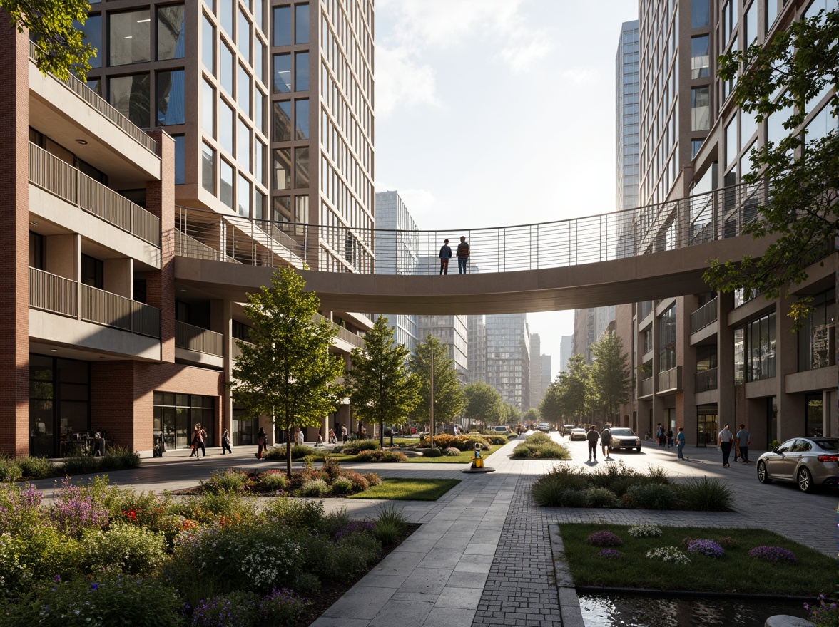 Prompt: Curved pedestrian bridge, sleek metal railings, modernist architecture, urban cityscape, vibrant street art, bustling streets, morning sunlight, soft warm lighting, shallow depth of field, 3/4 composition, panoramic view, realistic textures, ambient occlusion, integrated landscaping, lush greenery, blooming flowers, natural stone walkways, water features, reflecting pools, modern street furniture, innovative urban design, sustainable materials, eco-friendly infrastructure.