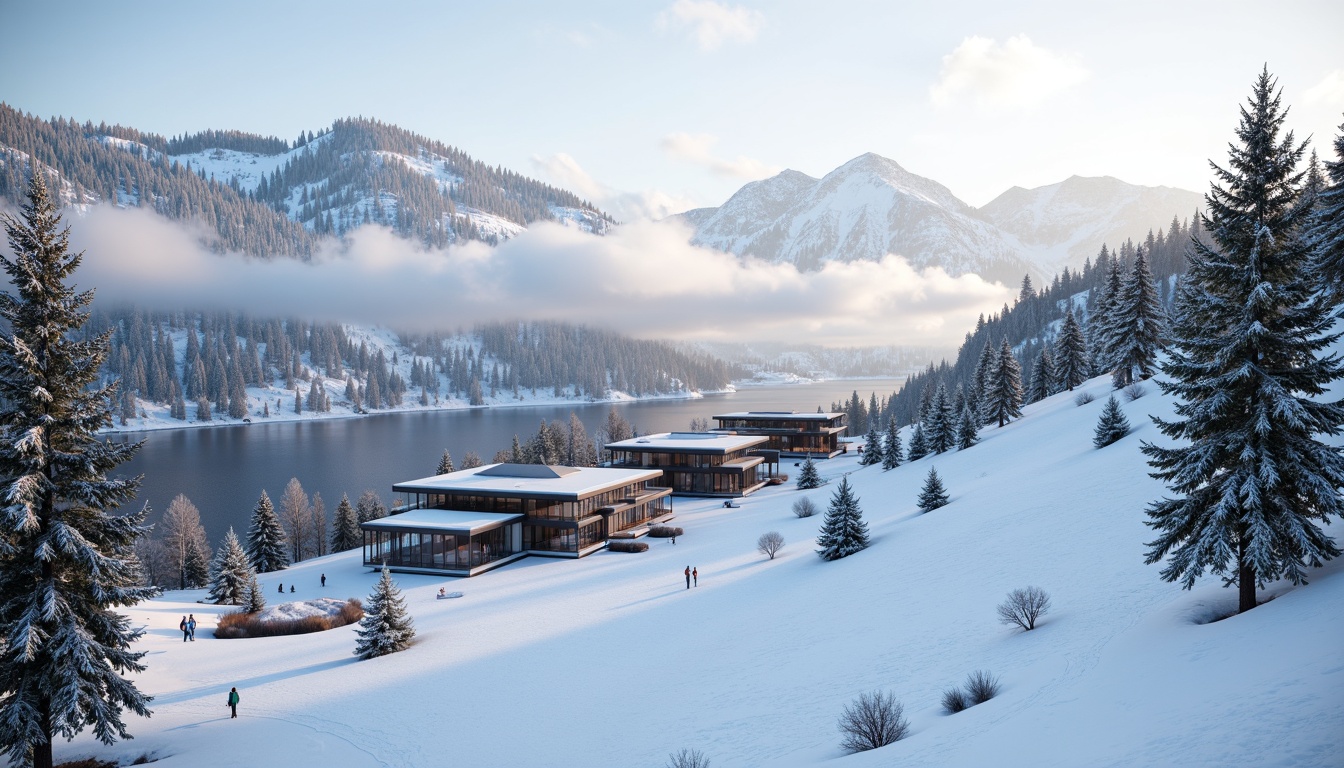 Prompt: Snow-capped mountains, frosty pine trees, icy slopes, modern ski center, sleek glass facades, angular metal frames, minimalist design, clean lines, monochromatic color scheme, snowflake-inspired patterns, frozen lake views, misty morning atmosphere, soft warm lighting, shallow depth of field, 3/4 composition, panoramic view, realistic textures, ambient occlusion.