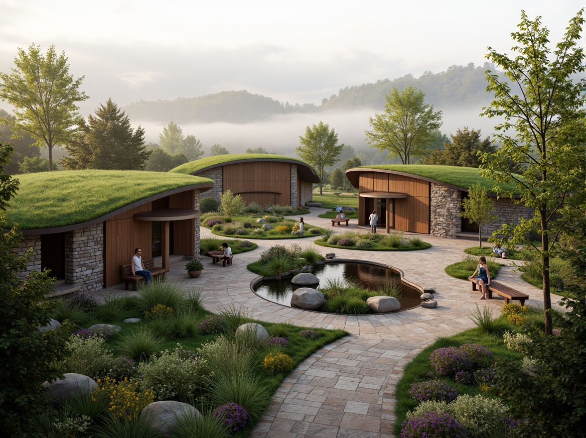 Prompt: Curved organic buildings, lush green roofs, natural stone walls, wooden accents, earthy tones, serene water features, meandering pathways, native plant species, rustic benches, scenic lookout points, misty morning atmosphere, soft warm lighting, shallow depth of field, 3/4 composition, panoramic view, realistic textures, ambient occlusion.