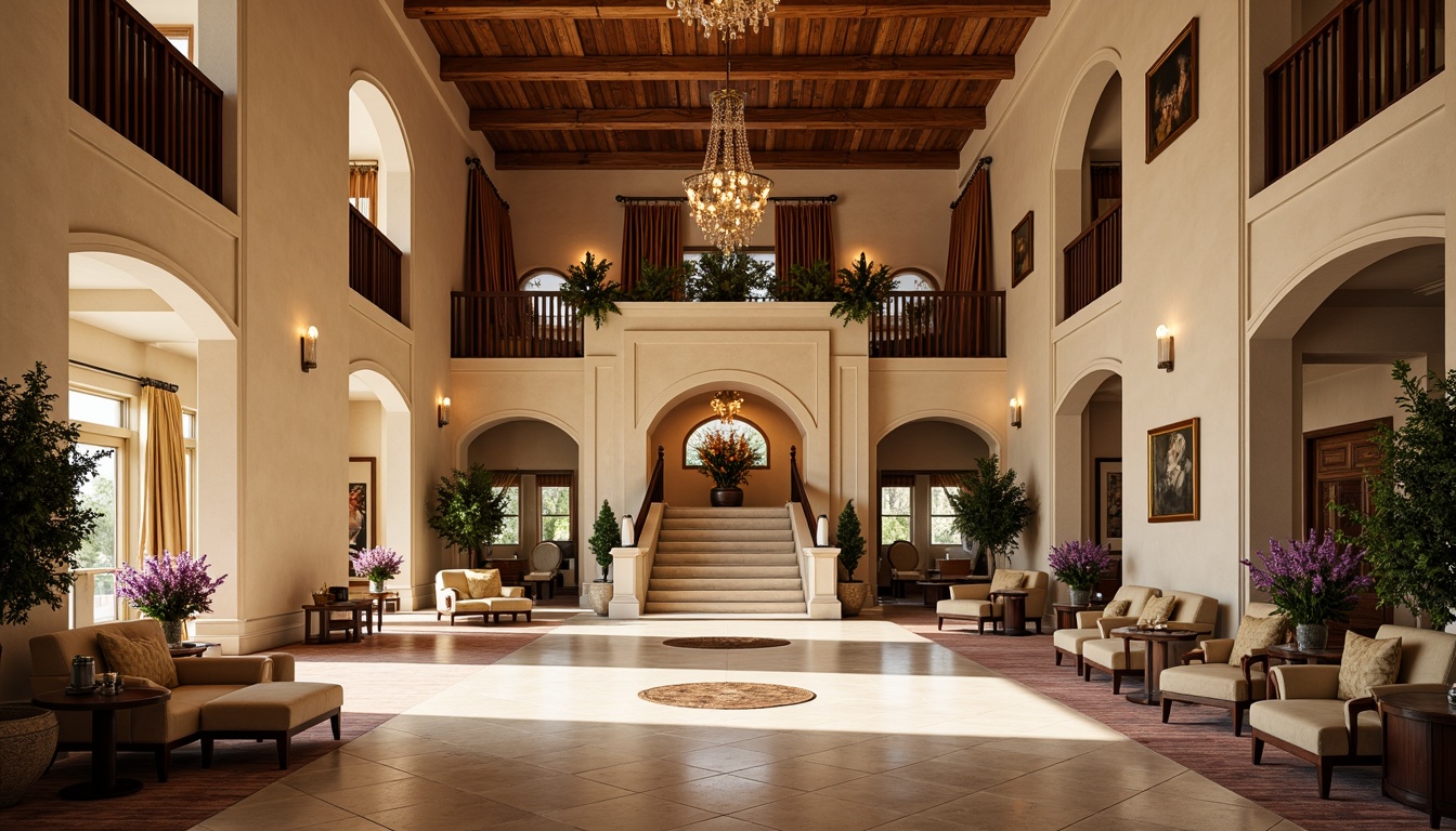 Prompt: Luxurious Renaissance hotel lobby, rich wood accents, ornate furnishings, velvet drapes, golden chandeliers, warm beige walls, soft cream marble floors, elegant archways, grand staircases, lavish flower arrangements, subtle scent of lavender, afternoon sunlight, warm golden lighting, shallow depth of field, 1/1 composition, realistic textures, ambient occlusion.