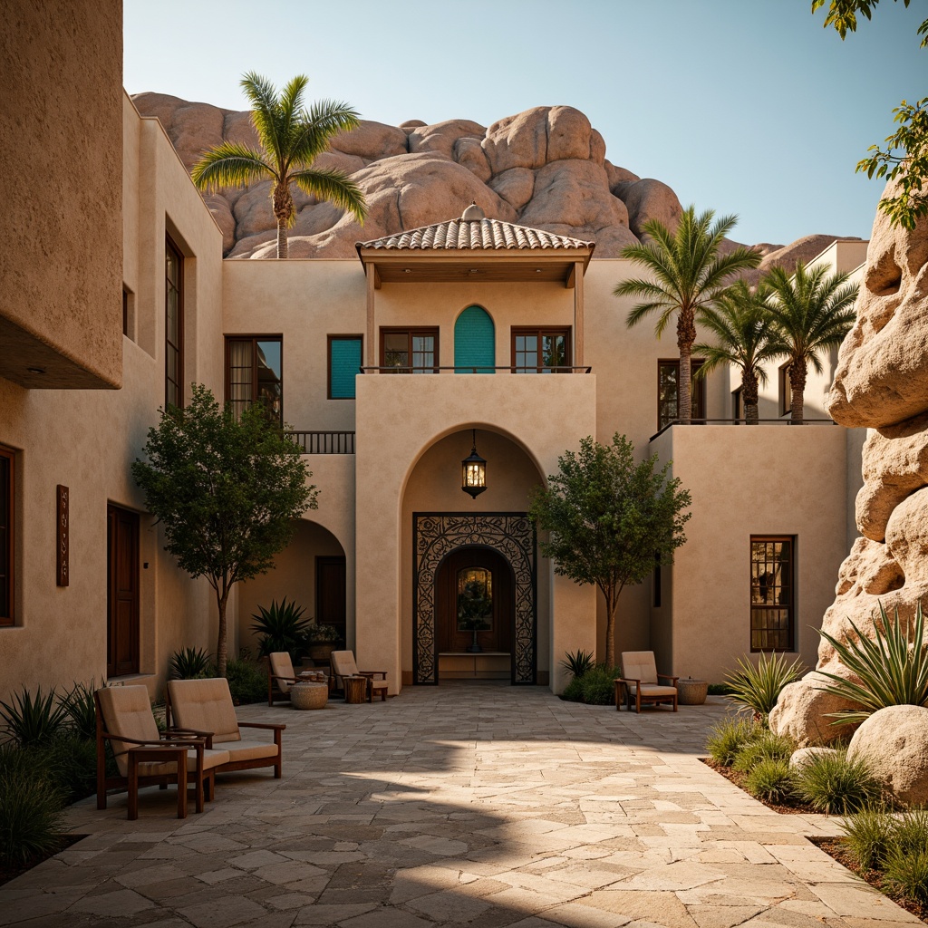 Prompt: Majestic desert villa, gothic architecture, warm beige stone walls, intricately carved arches, ornate ironwork, grandiose entrance gates, mystical lanterns, vibrant turquoise accents, earthy terracotta roofs, rustic wooden doors, mysterious alcoves, dramatic shadows, warm golden lighting, cinematic composition, atmospheric perspective, realistic rock textures, ambient occlusion.