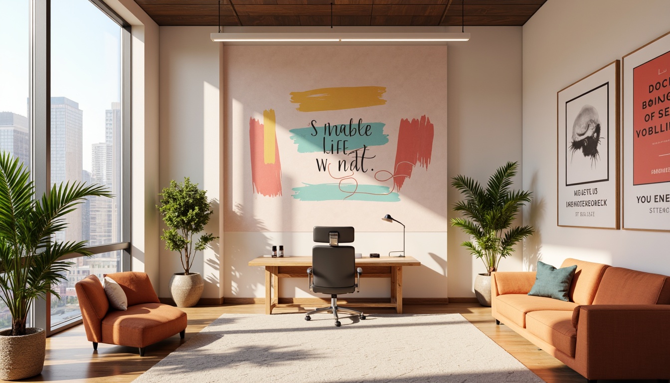 Prompt: Vibrant design studio, modern minimalist interior, sleek wooden desk, ergonomic chair, colorful artwork, inspirational quotes, natural light pouring in, large windows, urban cityscape view, warm beige walls, rich brown furniture, pastel pink accents, soft peach tones, creamy whites, bold typography, geometric patterns, abstract shapes, 3D visualizations, atmospheric lighting, shallow depth of field, 2/3 composition, realistic textures, ambient occlusion.