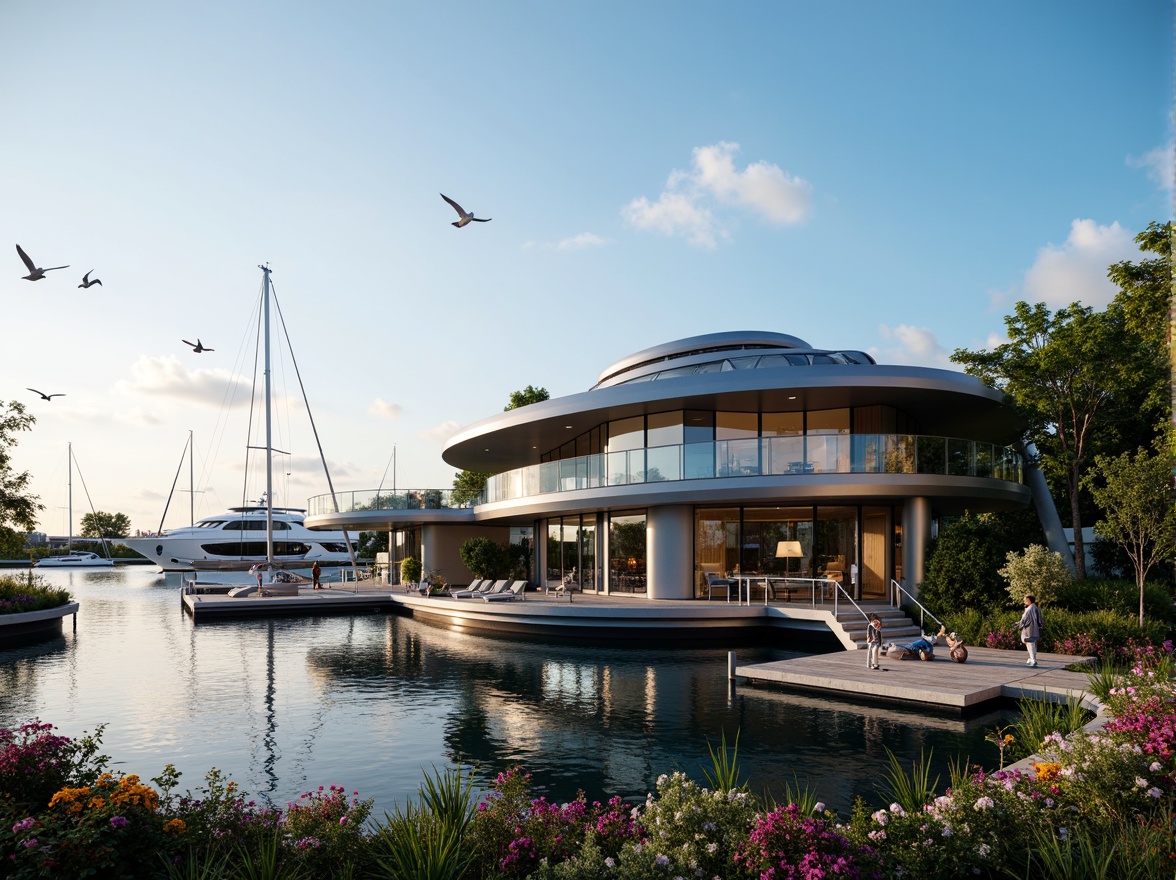 Prompt: Luxurious boathouse, sleek metallic exterior, floor-to-ceiling glass windows, modern minimalist design, high-tech gadgets, futuristic LED lighting, surrounding waterbody, lush greenery, vibrant flowers, wooden dock, sailboats, yachts, seagulls flying overhead, clear blue sky, warm sunny day, shallow depth of field, 3/4 composition, panoramic view, realistic textures, ambient occlusion.