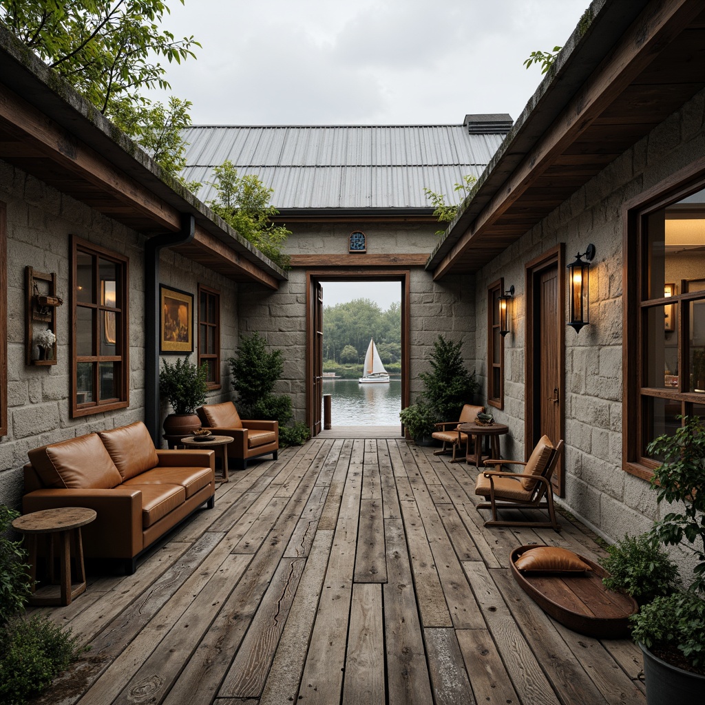 Prompt: Rustic boathouse, weathered wooden planks, rough-hewn stone walls, corrugated metal roofs, industrial-style windows, distressed concrete floors, nautical-themed decorations, vintage sailing equipment, worn leather furniture, earthy color palette, moss-covered surfaces, overcast sky, soft diffused lighting, shallow depth of field, 2/3 composition, cinematic framing, realistic textures, ambient occlusion.