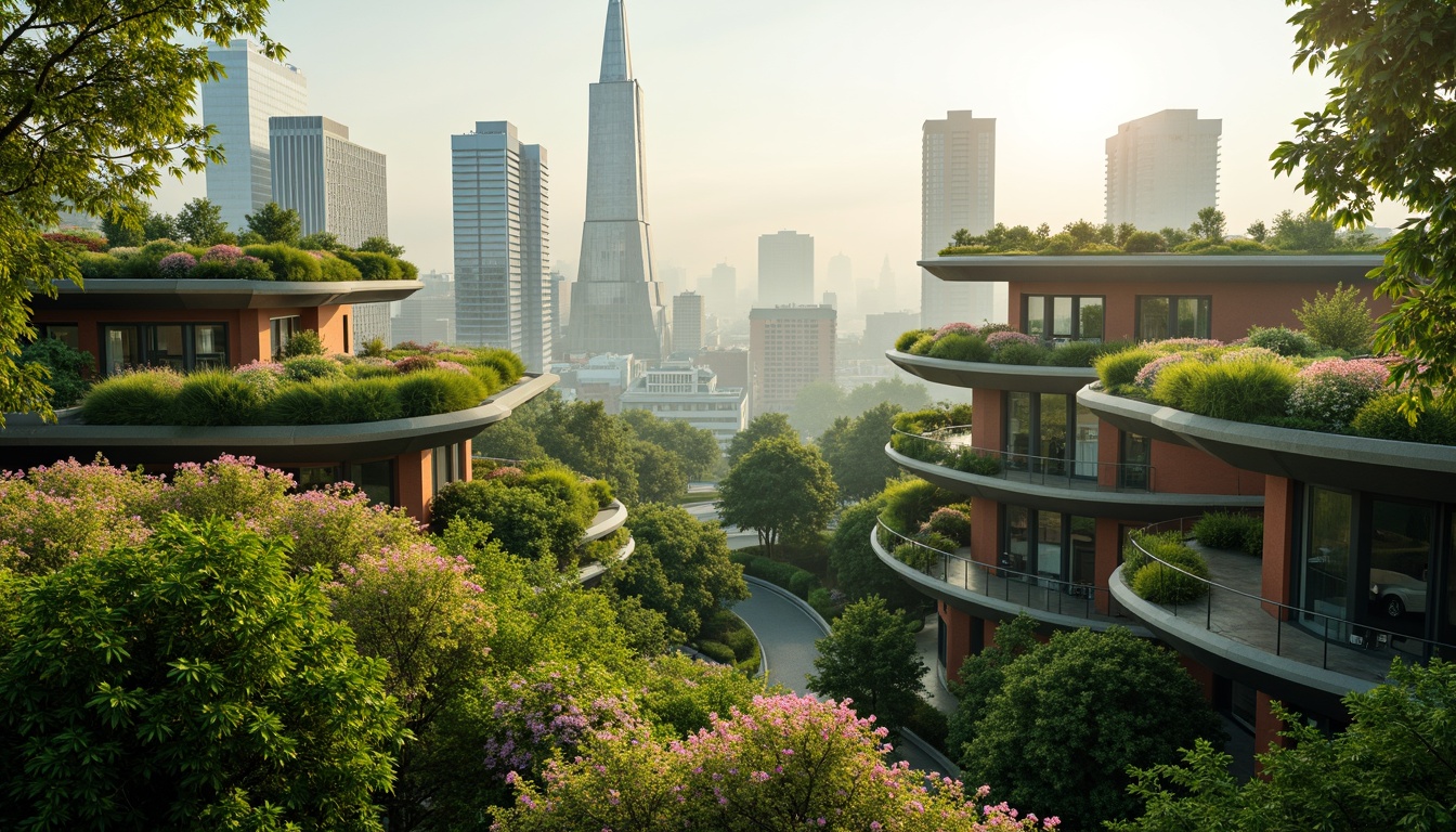 Prompt: Lush green roofs, verdant walls, cinematic cityscape, futuristic architecture, sleek curves, sustainable design, eco-friendly materials, natural ventilation systems, abundant sunlight, soft warm lighting, shallow depth of field, 3/4 composition, panoramic view, realistic textures, ambient occlusion, serene atmosphere, vibrant flowers, trees, misty morning, gentle breeze, peaceful ambiance.