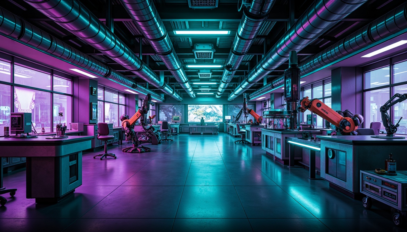 Prompt: Futuristic laboratory, neon-lit corridors, metallic surfaces, holographic displays, sleek machinery, robotic arms, LED lights, dark blues, electric purples, neon greens, chrome accents, glass partitions, minimalist decor, high-gloss finishes, ambient occlusion, softbox lighting, 1/1 composition, cinematic atmosphere.