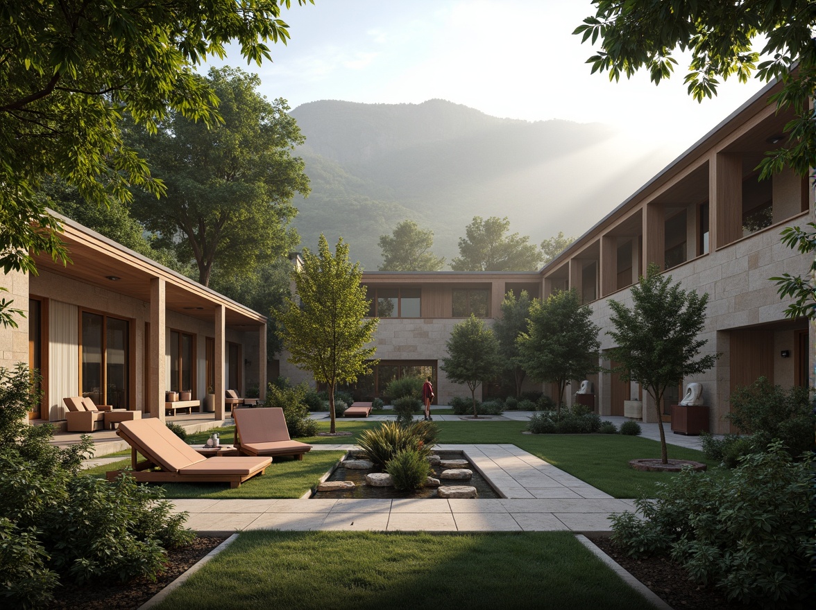 Prompt: Serene monastery courtyard, lush greenery, natural stone walls, modern minimalist architecture, clean lines, simple forms, large windows, glass doors, wooden accents, peaceful ambiance, misty morning, soft warm lighting, shallow depth of field, 3/4 composition, panoramic view, realistic textures, ambient occlusion, surrounding mountains, rolling hills, winding paths, rustic benches, spiritual statues, water features, koi ponds, bamboo forests, subtle fog effects.