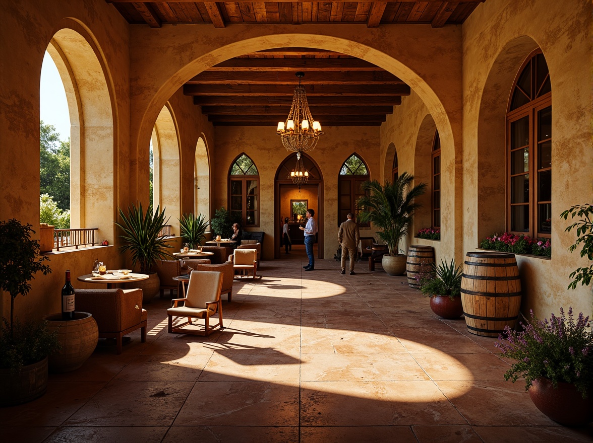 Prompt: Richly ornate winery, Baroque-inspired architecture, warm golden stone fa\u00e7ade, intricately carved wooden doors, lavish furnishings, opulent chandeliers, rustic wine barrels, vintage wine-making equipment, earthy terracotta floors, distressed wood accents, soft warm lighting, dramatic shadows, 1/2 composition, atmospheric perspective, realistic textures, ambient occlusion, warm beige (#F5F5DC), rich burgundy (#8B0A1A), deep crimson (#660000), muted gold (#F8E231), weathered wood tone (#969696).