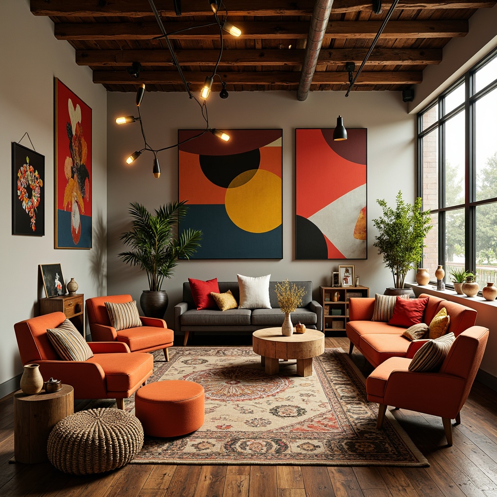 Prompt: Vibrant artistic studio, eclectic furniture, bold color blocking, contrasting textures, abstract artwork, statement lighting fixtures, industrial metal accents, reclaimed wood floors, bohemian-inspired rugs, natural fiber textiles, earthy tone ceramics, warm golden lighting, shallow depth of field, 1/1 composition, realistic renderings, ambient occlusion.