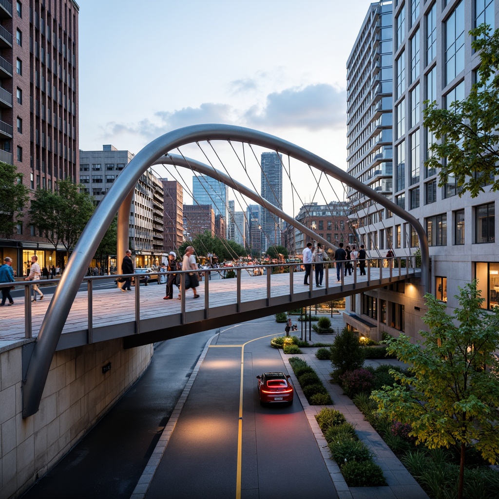 Prompt: Modern pedestrian bridge, sleek steel arches, durable concrete piers, weathered wood decking, stainless steel railings, minimalist lighting fixtures, urban cityscape, busy street traffic, vibrant greenery, natural stone abutments, cantilevered walkways, suspension cables, dynamic structural systems, innovative materials, sustainable design, eco-friendly construction, warm ambient lighting, shallow depth of field, 3/4 composition, panoramic view, realistic textures, ambient occlusion.