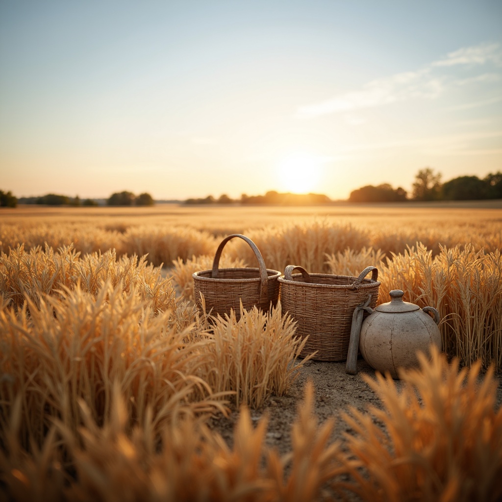 Prompt: Warm wheat fields, golden hues, soft beige tones, earthy brown undertones, rustic textures, natural fibers, woven baskets, vintage farm tools, sun-kissed landscape, clear blue sky, gentle breeze, warm sunlight, shallow depth of field, 1/1 composition, realistic rendering, ambient occlusion.