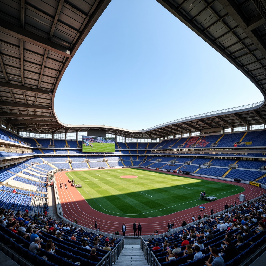 Prompt: Grandstand seating, cantilevered roofs, steel beams, reinforced concrete columns, vibrant team colors, dynamic LED lighting, lush green turf, athletic tracks, scoreboard displays, modern architecture, angular lines, minimalist design, open-air concourses, stairway access, elevated views, panoramic vistas, dramatic shadows, high-contrast textures, realistic materials, ambient occlusion.