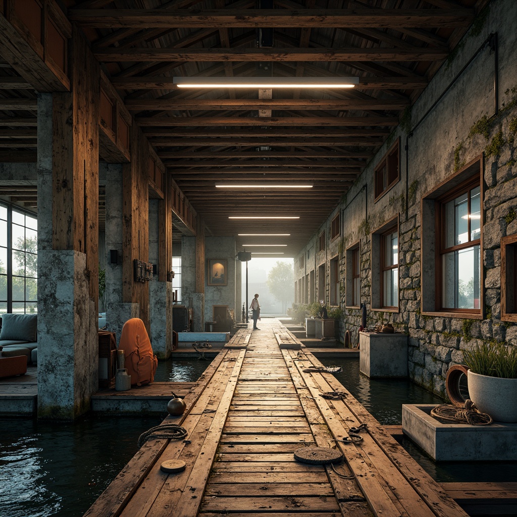 Prompt: Rustic boathouse, brutalist architecture, weathered wood accents, industrial metal beams, rough-hewn stone walls, nautical ropes, distressed wooden planks, faded naval blue, earthy brown, mossy green, rusty orange, warm golden lighting, misty morning atmosphere, shallow depth of field, 1/1 composition, realistic textures, ambient occlusion.