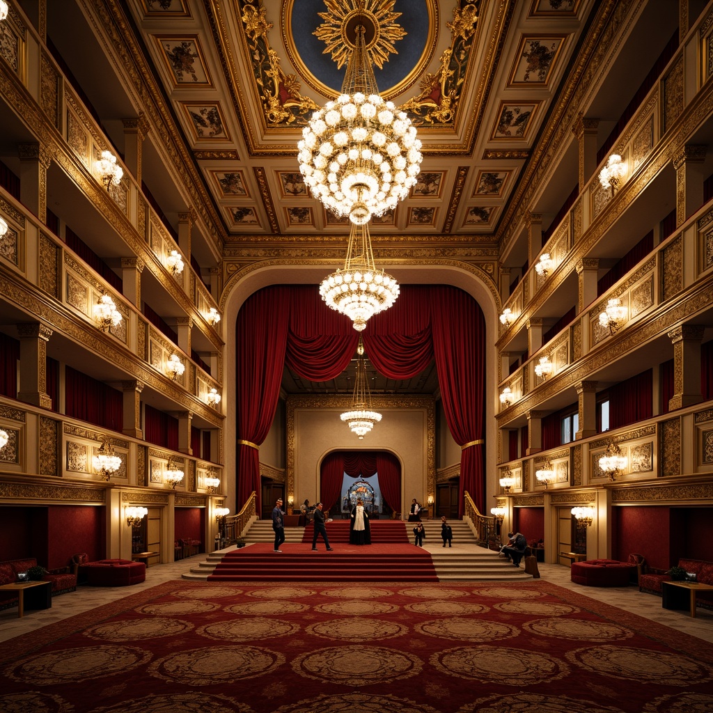 Prompt: Grandiose opera house, ornate golden details, crimson velvet curtains, majestic chandeliers, intricate moldings, marble floors, sweeping staircases, lavish furnishings, rich tapestries, dramatic spotlights, warm ambient lighting, shallow depth of field, 1/1 composition, symmetrical framing, opulent textures, subtle color grading.